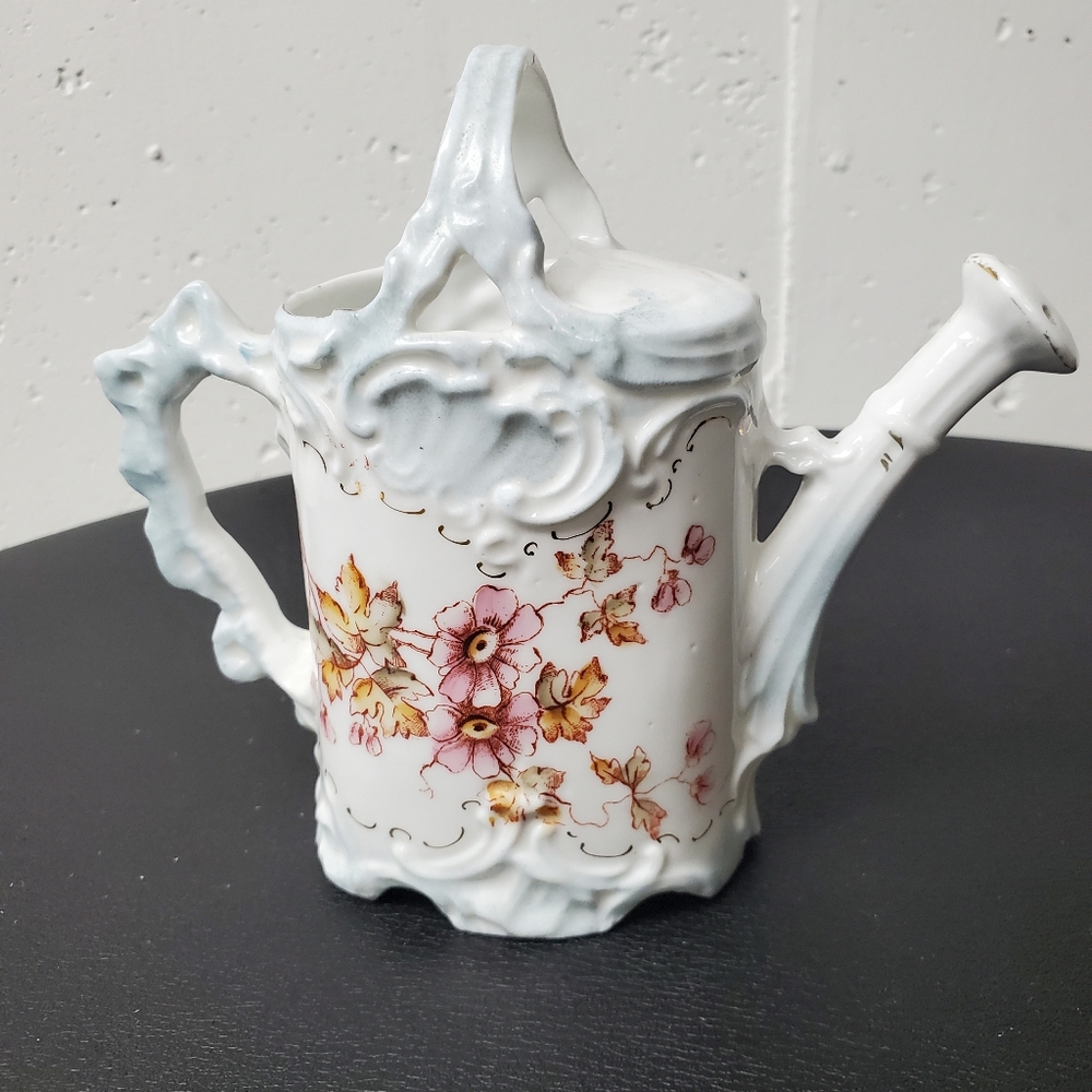 VINTAGE 6” Vase, hand painted Ceramic Watering Can, soft Blue & white w/flowers